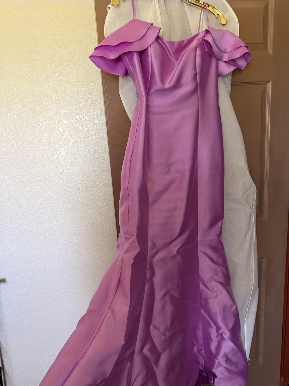 Sherri Hill Lilac Satin Off-Shoulder Dress